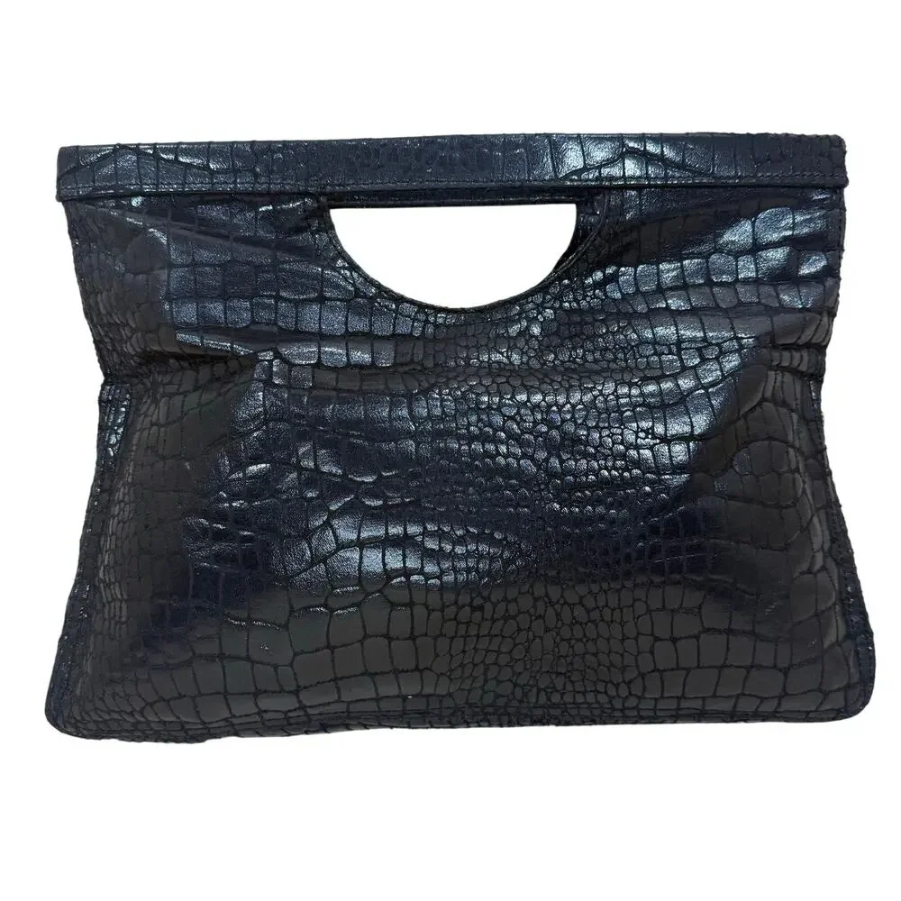 Nine West Clutch Women’s Black Faux Crocodile Cutout Handle Evening Purse